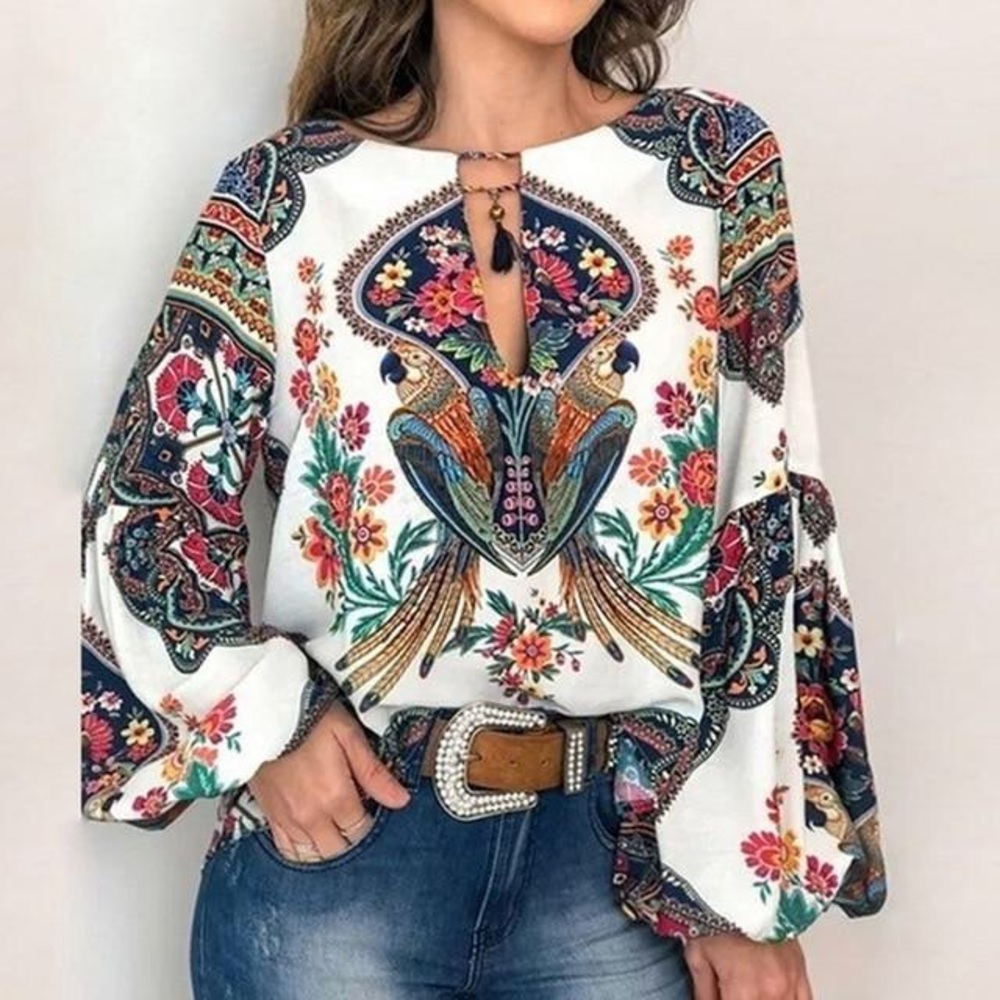 Boho Floral Print Lantern Sleeve Blouse
